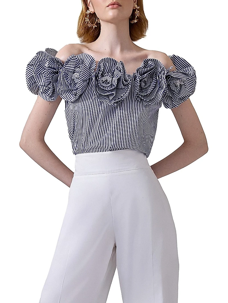 Cabana Floral-Appliquéd Striped Cotton Off-The-Shoulder Top