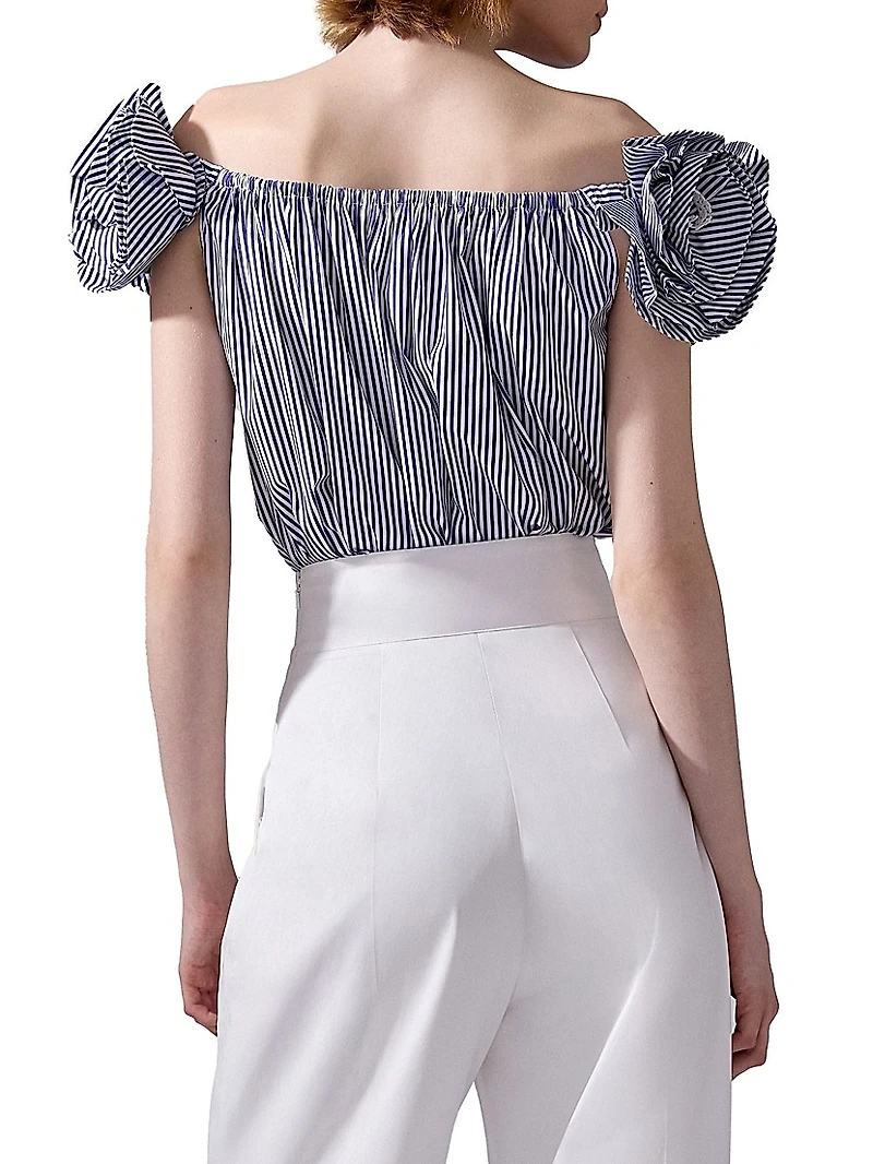 Cabana Floral-Appliquéd Striped Cotton Off-The-Shoulder Top