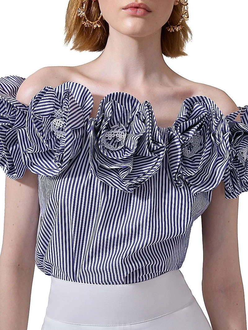 Cabana Floral-Appliquéd Striped Cotton Off-The-Shoulder Top