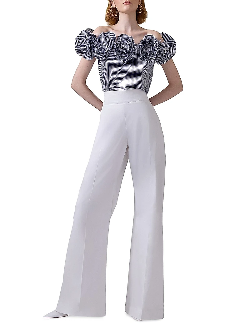 Cabana Floral-Appliquéd Striped Cotton Off-The-Shoulder Top