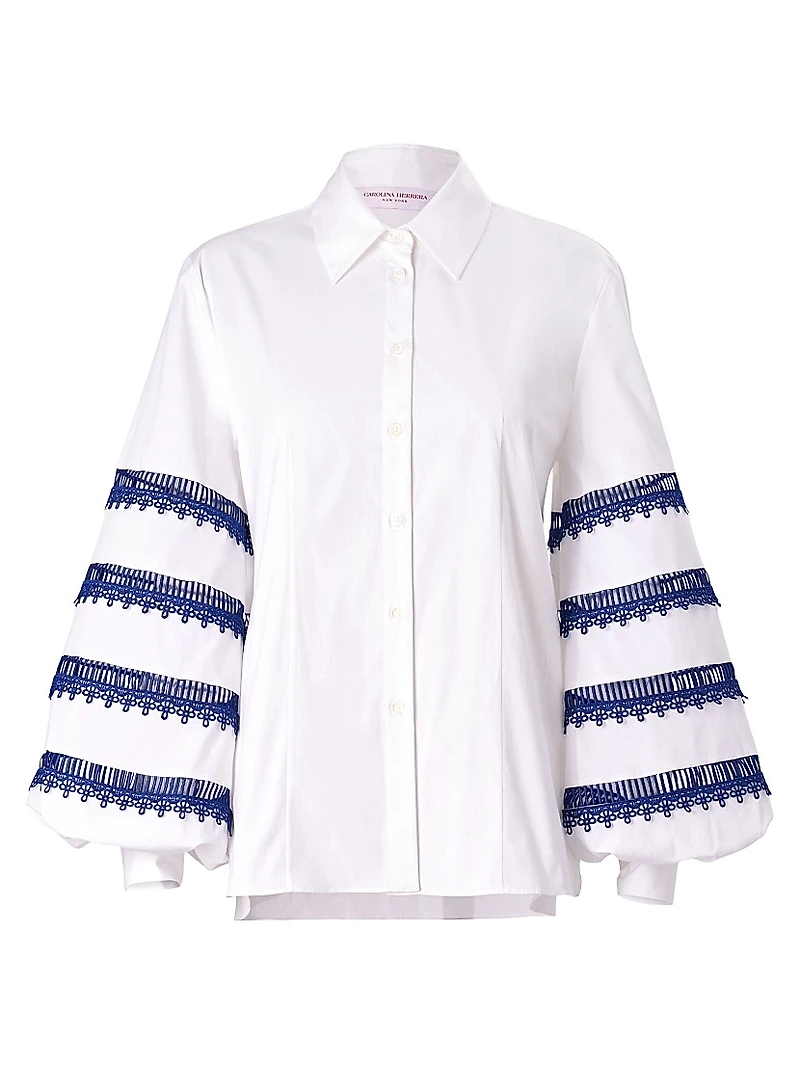 Cabana Embroidered Striped Puff-Sleeve Blouse