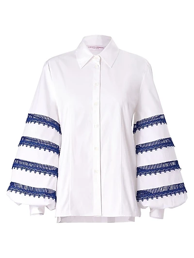 Cabana Embroidered Striped Puff-Sleeve Blouse