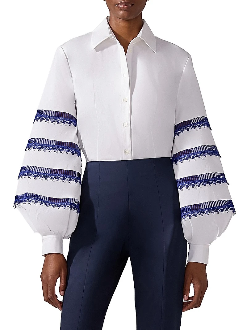 Cabana Embroidered Striped Puff-Sleeve Blouse