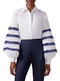 Cabana Embroidered Striped Puff-Sleeve Blouse