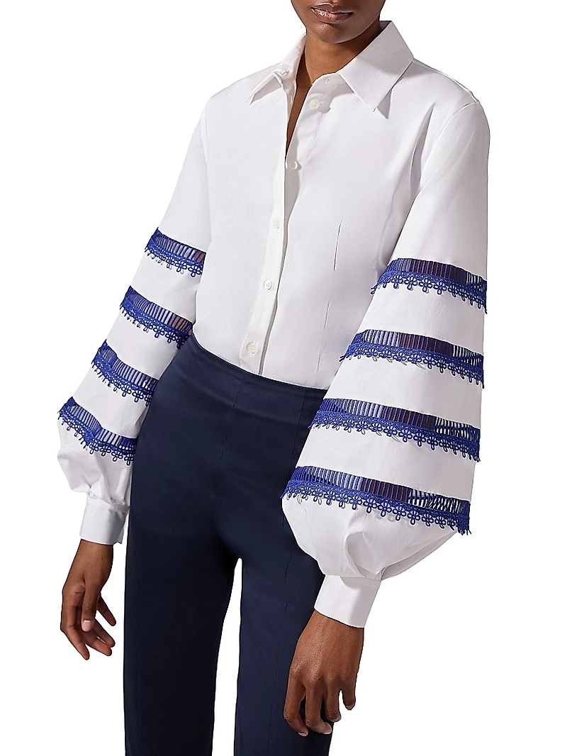 Cabana Embroidered Striped Puff-Sleeve Blouse