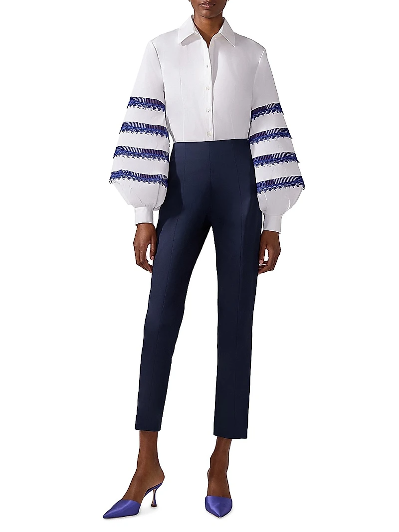 Cabana Embroidered Striped Puff-Sleeve Blouse