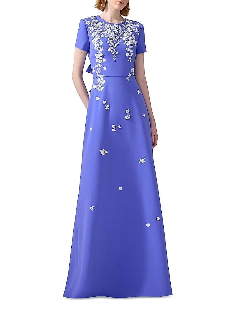 Cabana Floral-Embroidered Bow Gown