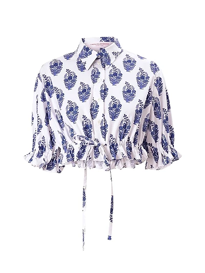 Cabana Floral Stretch-Cotton Button-Front Crop Top