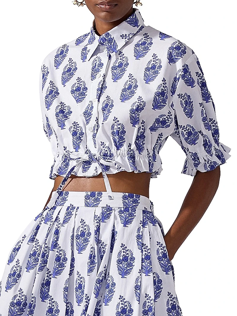 Cabana Floral Stretch-Cotton Button-Front Crop Top