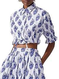 Cabana Floral Stretch-Cotton Button-Front Crop Top