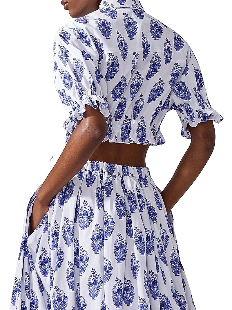 Cabana Floral Stretch-Cotton Button-Front Crop Top