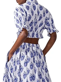 Cabana Floral Stretch-Cotton Button-Front Crop Top