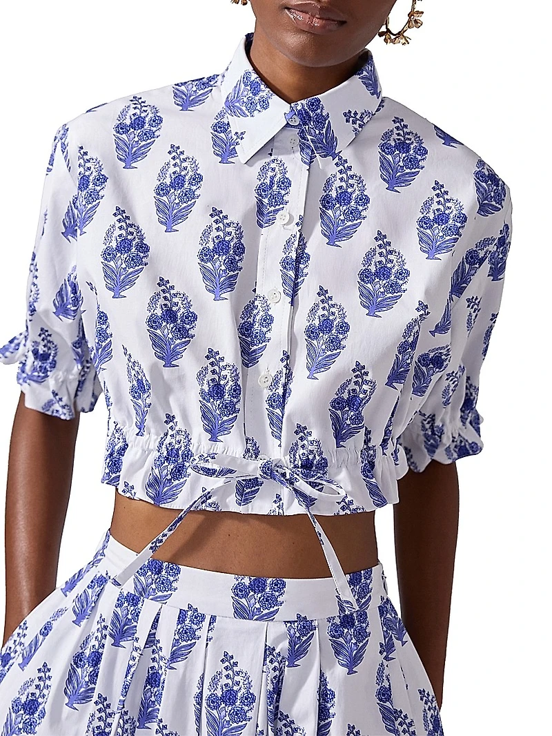 Cabana Floral Stretch-Cotton Button-Front Crop Top