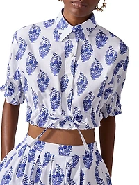 Cabana Floral Stretch-Cotton Button-Front Crop Top