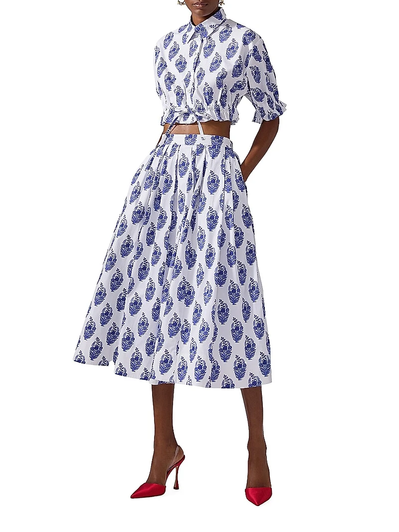 Cabana Floral Stretch-Cotton Button-Front Crop Top