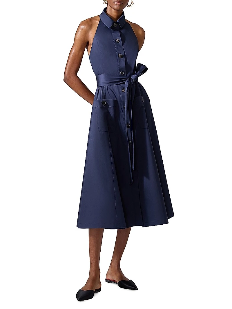 Cabana Button-Front Halterneck Midi-Dress