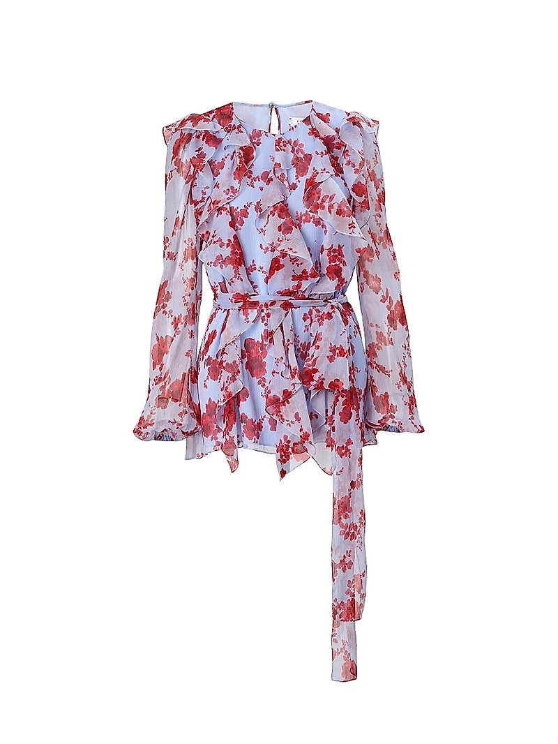 Cabana Floral Silk Ruffle Tie-Waist Top