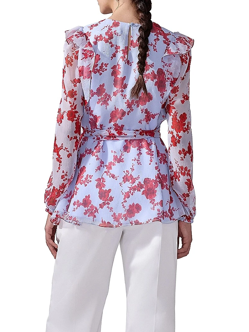 Cabana Floral Silk Ruffle Tie-Waist Top
