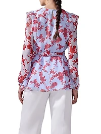 Cabana Floral Silk Ruffle Tie-Waist Top