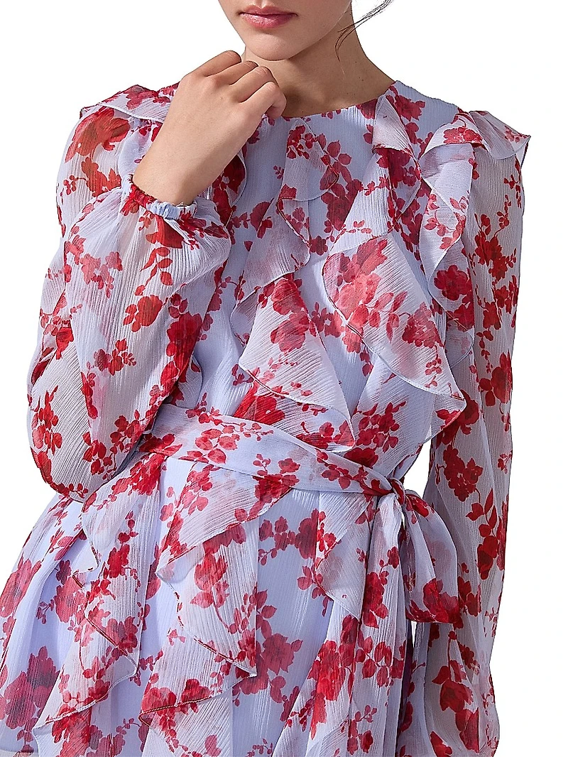 Cabana Floral Silk Ruffle Tie-Waist Top