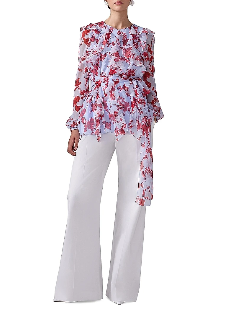 Cabana Floral Silk Ruffle Tie-Waist Top