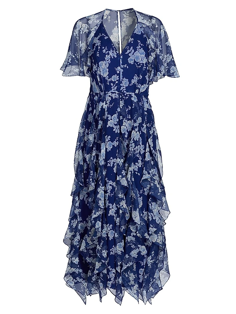 Cabana Floral Silk Ruffled Cape Midi-Dress