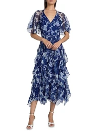 Cabana Floral Silk Ruffled Cape Midi-Dress