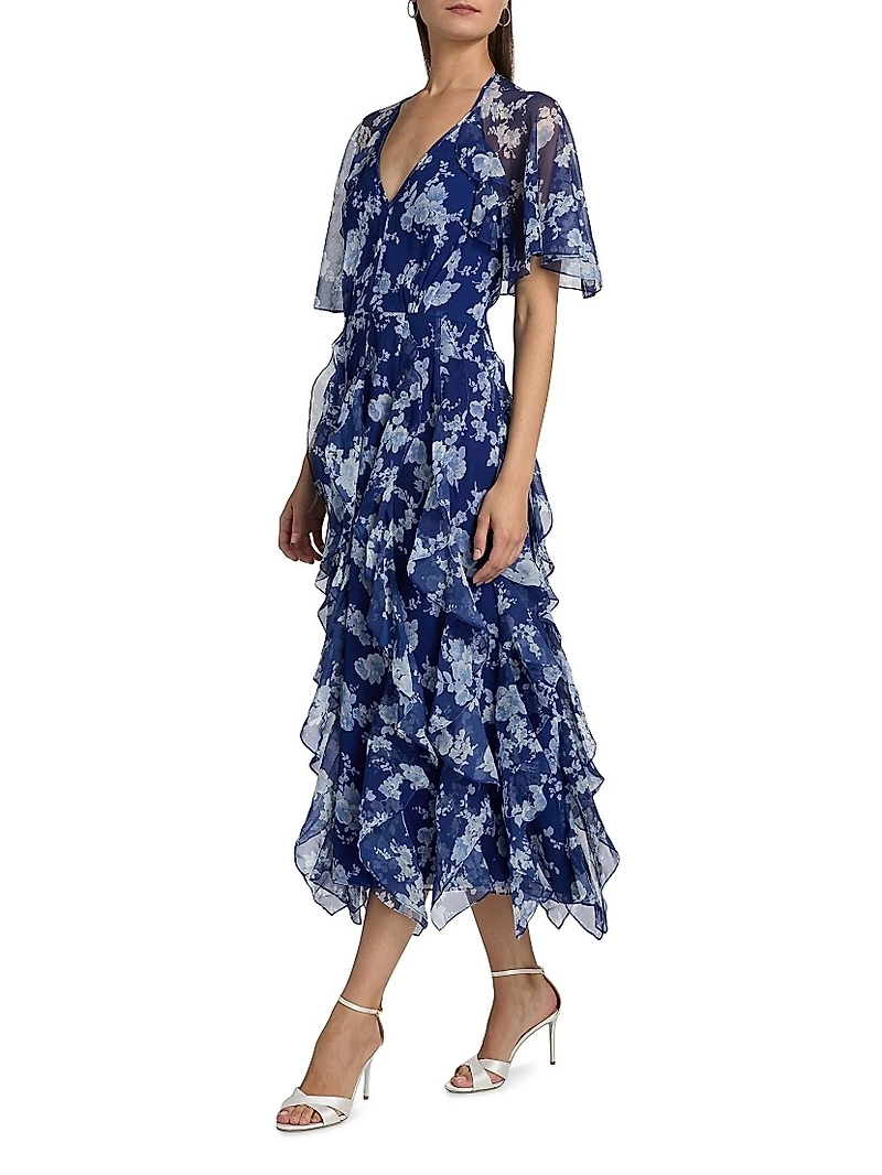 Cabana Floral Silk Ruffled Cape Midi-Dress