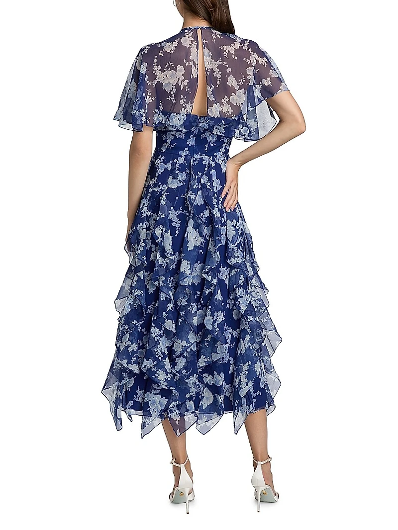 Cabana Floral Silk Ruffled Cape Midi-Dress