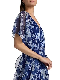 Cabana Floral Silk Ruffled Cape Midi-Dress