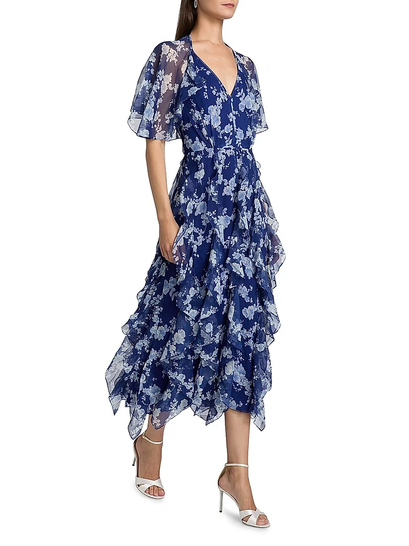 Cabana Floral Silk Ruffled Cape Midi-Dress