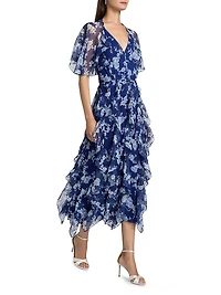 Cabana Floral Silk Ruffled Cape Midi-Dress