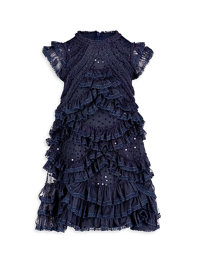Little Girl's & Mesh Micro Ruffle Dress