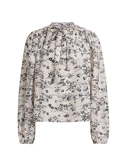 Forest Violet Foliage Cotton-Blend Keyhole Blouse