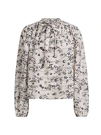 Forest Violet Foliage Cotton-Blend Keyhole Blouse