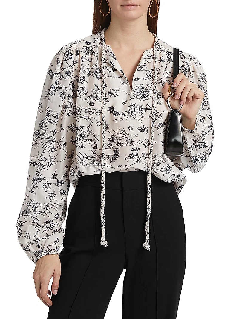 Forest Violet Foliage Cotton-Blend Keyhole Blouse