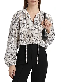 Forest Violet Foliage Cotton-Blend Keyhole Blouse