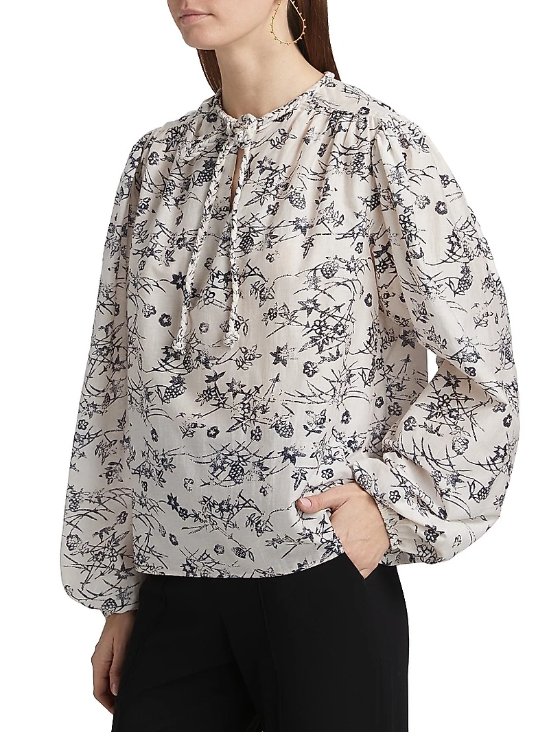 Forest Violet Foliage Cotton-Blend Keyhole Blouse