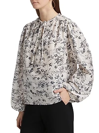 Forest Violet Foliage Cotton-Blend Keyhole Blouse