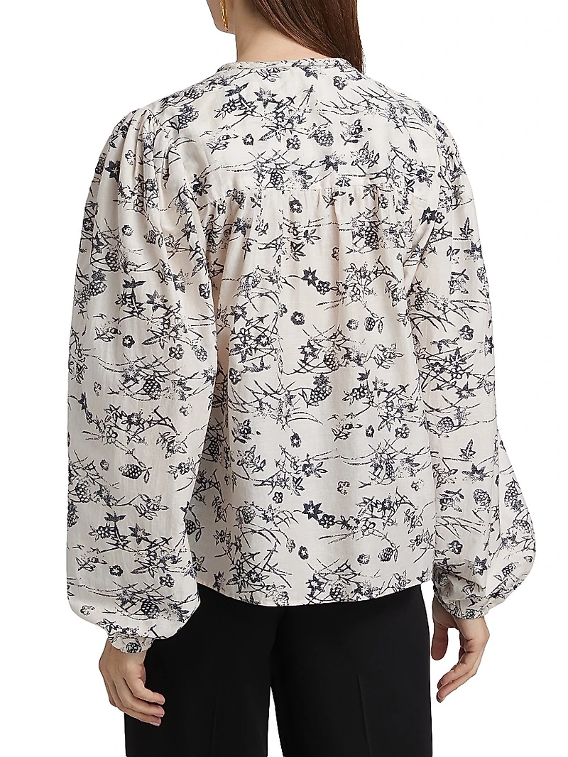 Forest Violet Foliage Cotton-Blend Keyhole Blouse