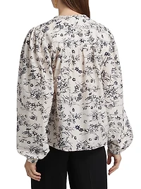 Forest Violet Foliage Cotton-Blend Keyhole Blouse