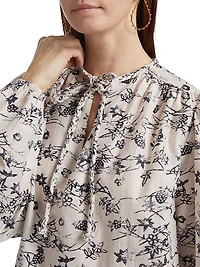Forest Violet Foliage Cotton-Blend Keyhole Blouse