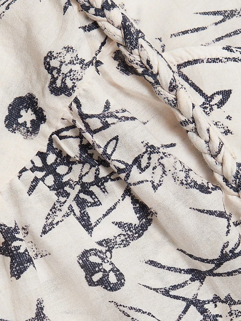 Forest Violet Foliage Cotton-Blend Keyhole Blouse