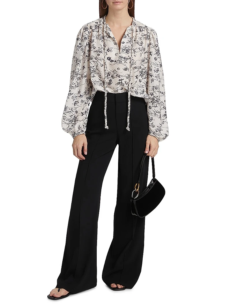 Forest Violet Foliage Cotton-Blend Keyhole Blouse