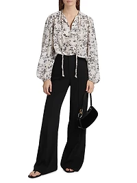 Forest Violet Foliage Cotton-Blend Keyhole Blouse