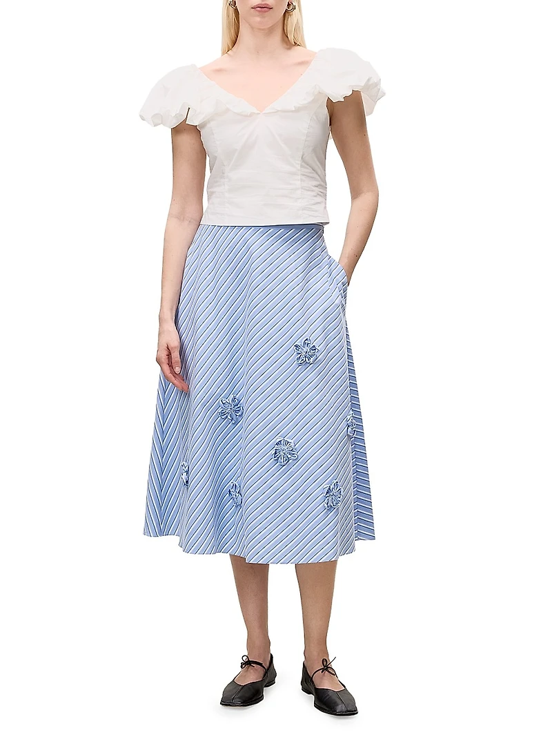 Priya Embellished Striped Cotton Midi-Skirt