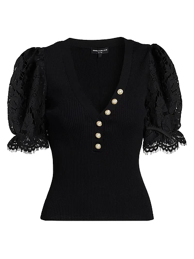 Meryl Lace-Sleeve Rib-Knit Top