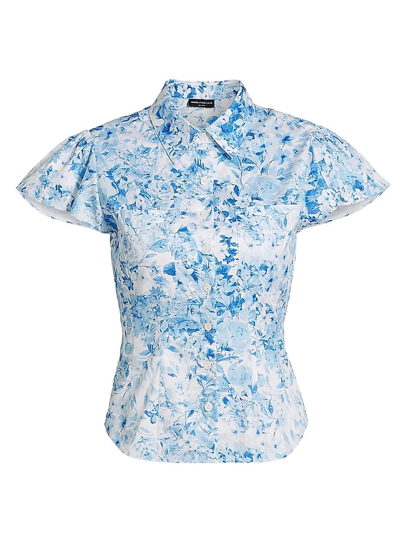 Francesca Floral Poplin Cap-Sleeve Shirt