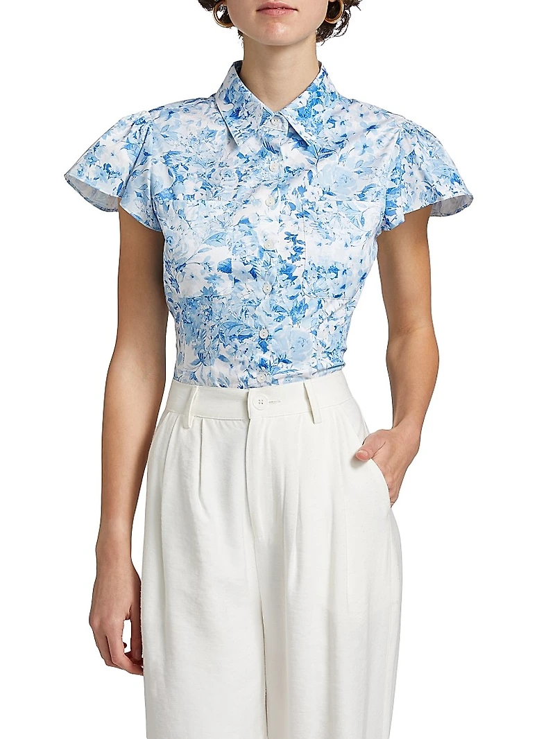 Francesca Floral Poplin Cap-Sleeve Shirt
