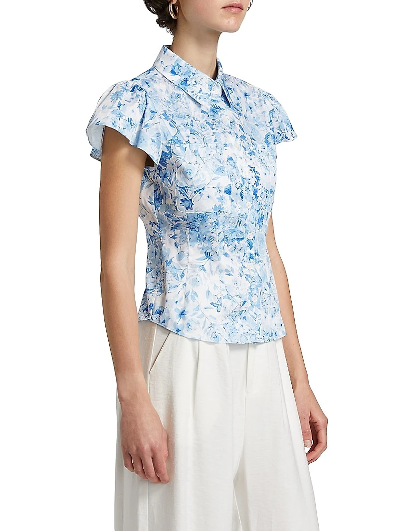 Francesca Floral Poplin Cap-Sleeve Shirt